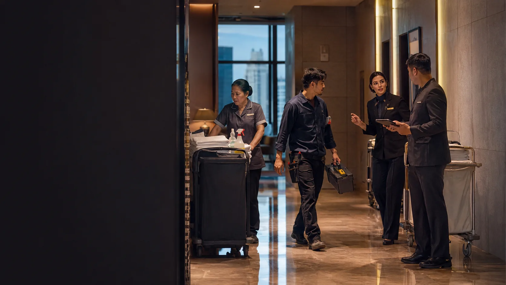 Housekeeping, engineering and guest services working together in a hotel corridor