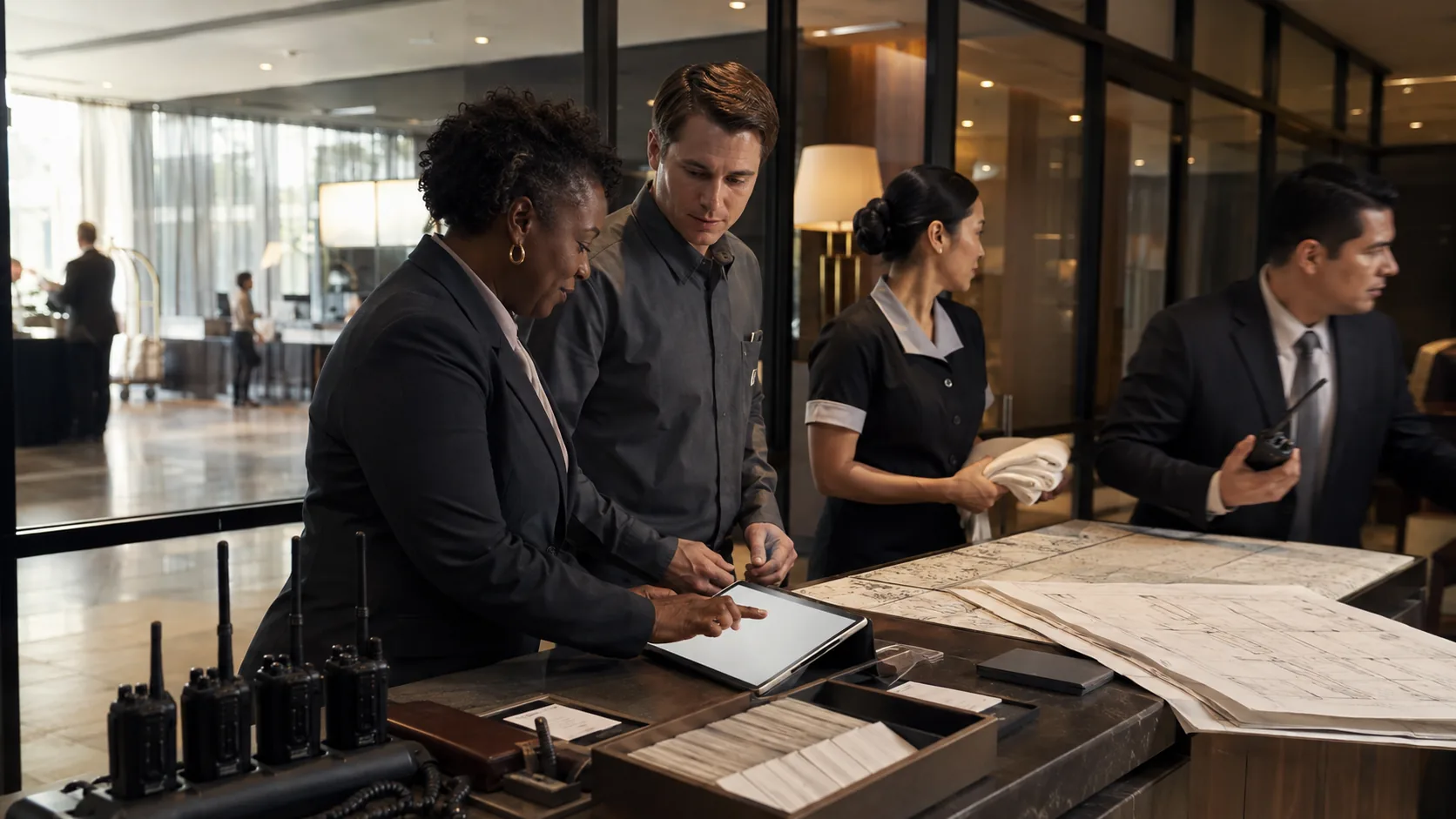Hotel staff reviewing H.OS assignments on a tablet