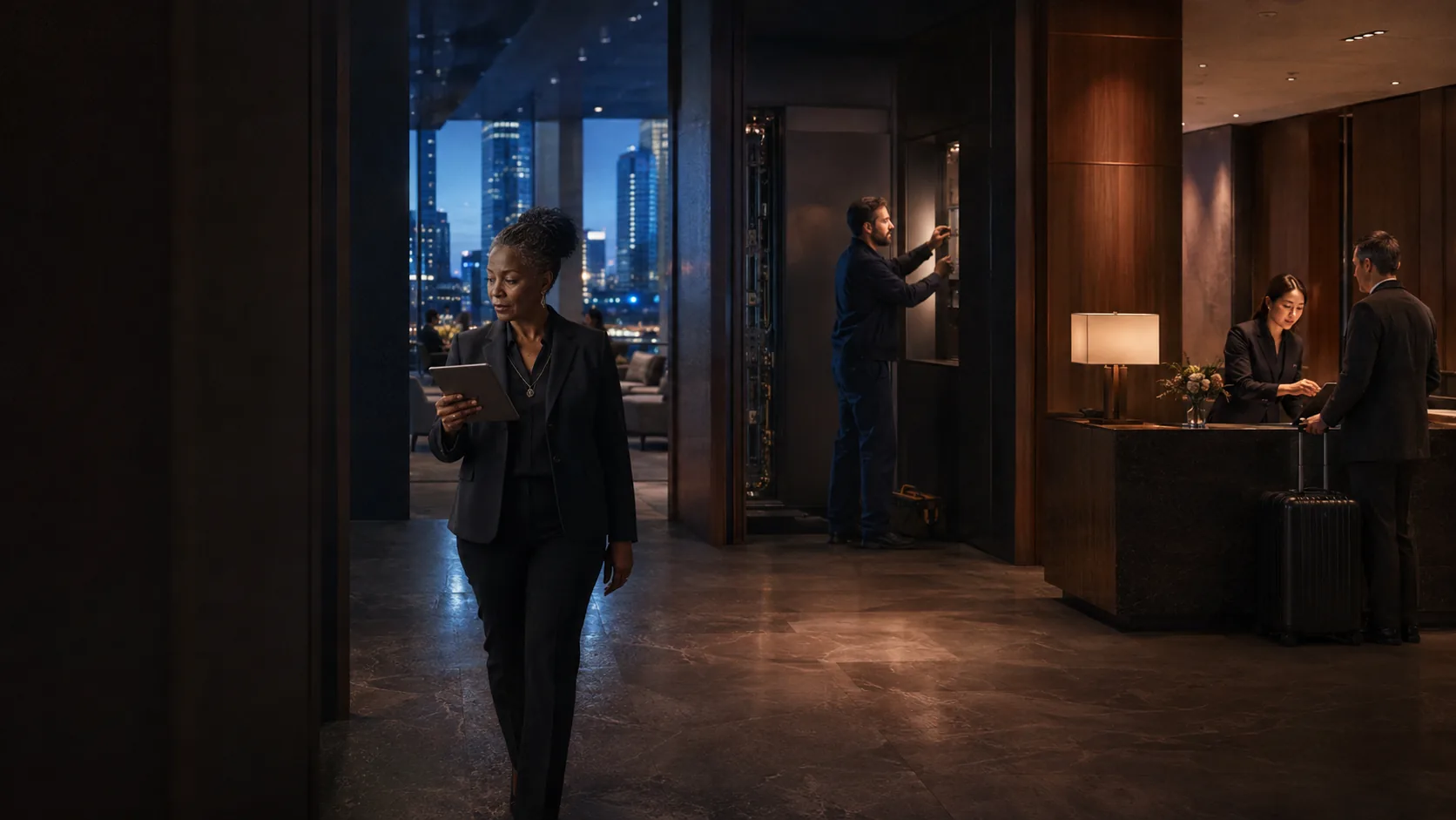 A manager reviewing H.OS while front office and engineering staff work in the lobby