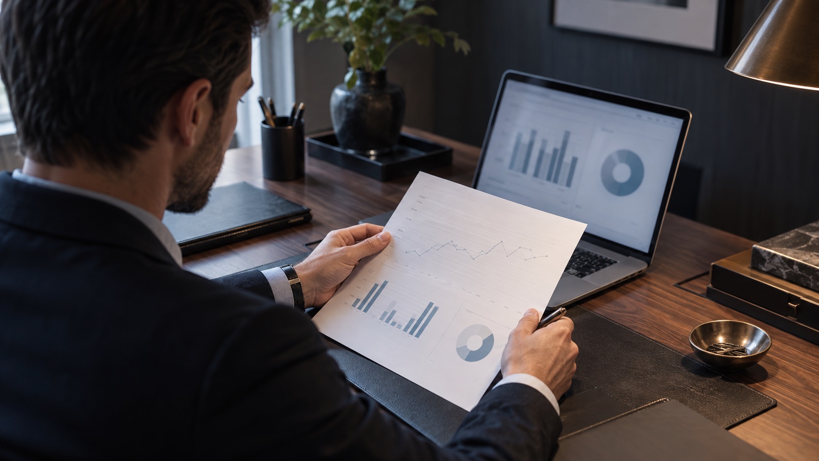 Illustrative photograph of a hotel manager reviewing reports