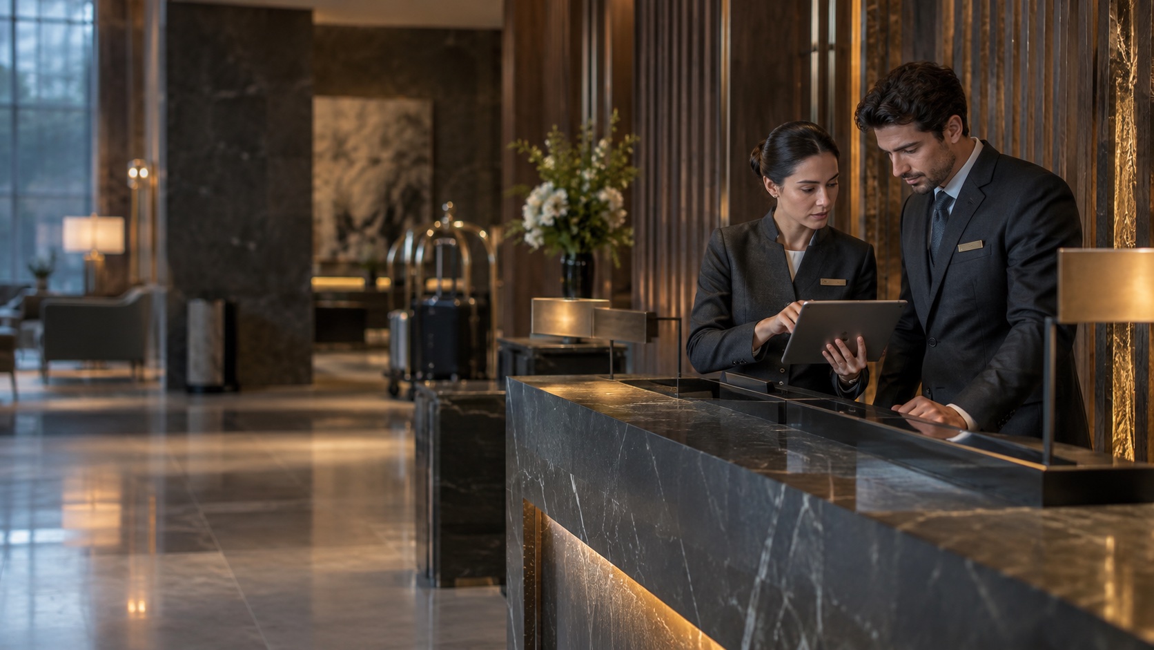 Hotel front office team reviewing tomorrow’s arrangements